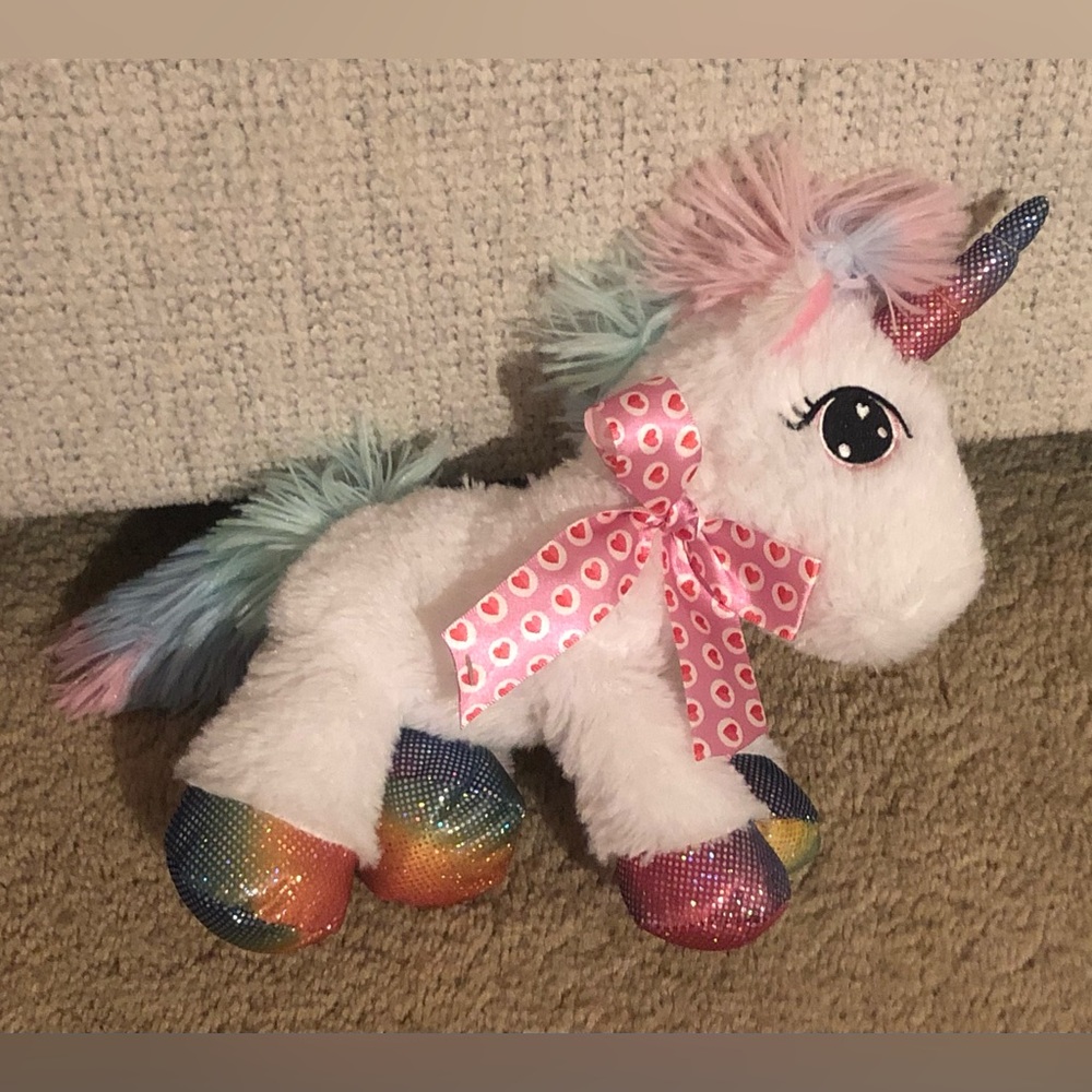Plush White Rainbow Unicorn Stuffed Animal with Pink Heart Bow 🦄
